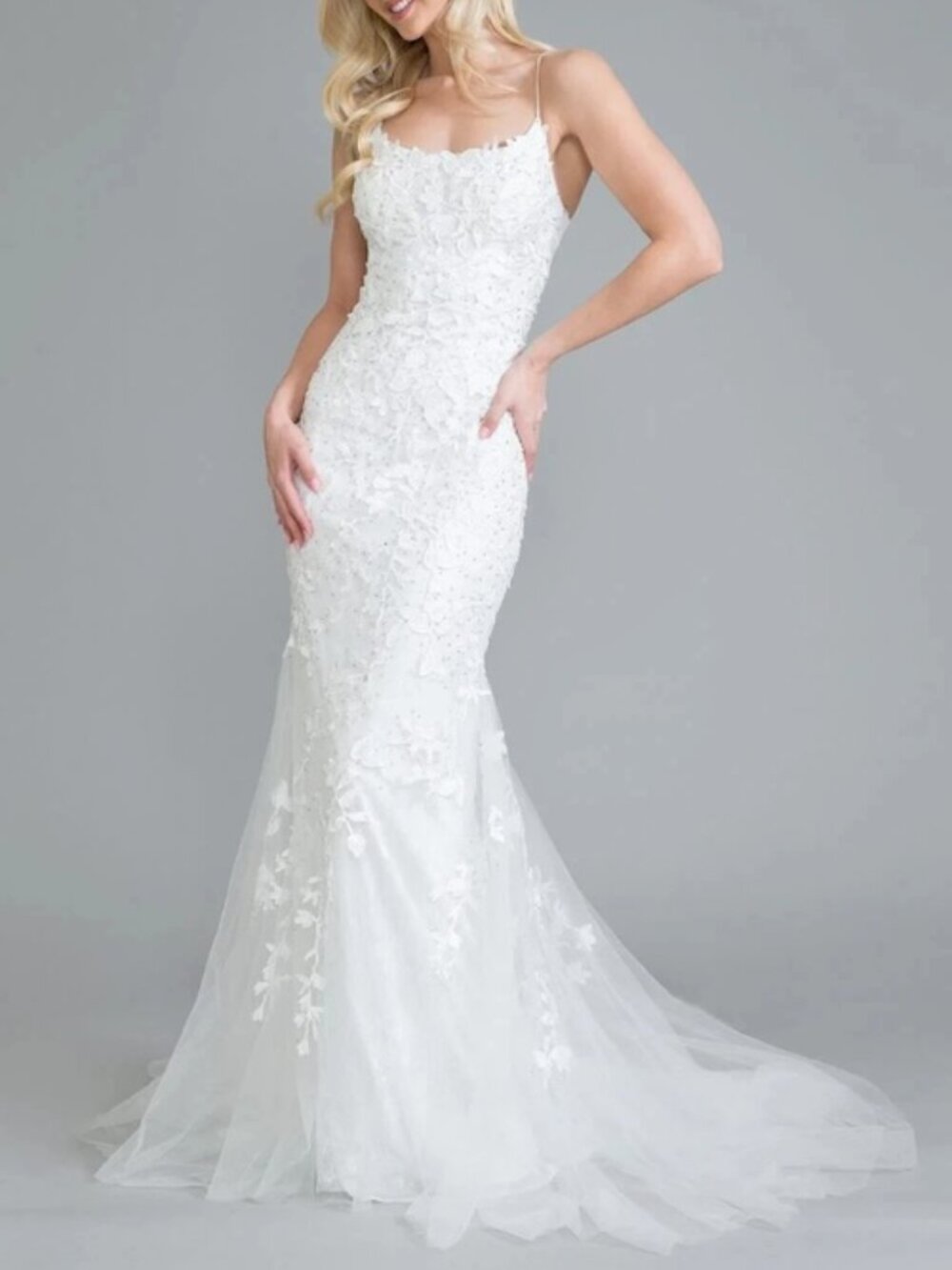 Amelia Couture White Embroidered Beaded Tulle Lace Up Back Gown